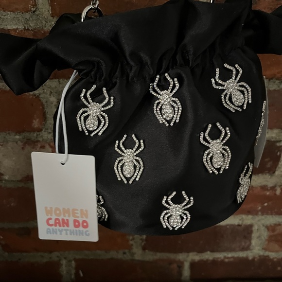 Most wanted black satiny looking material with spiders new tags great for - Picture 1 of 9